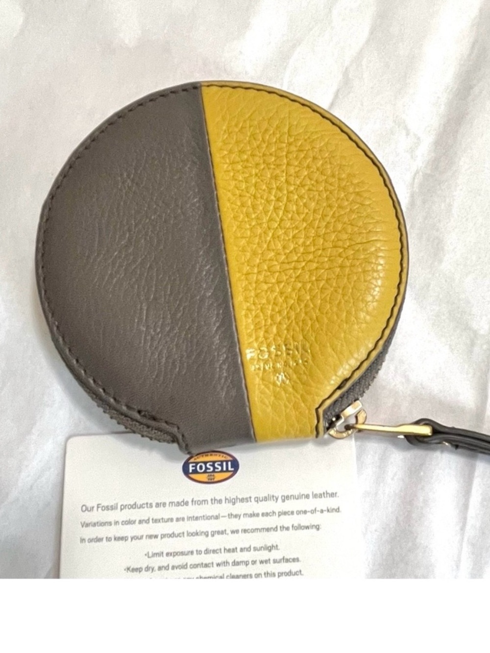 FOSSIL Sofia Zip Coin Case Round Wallet - gray + yellow leather